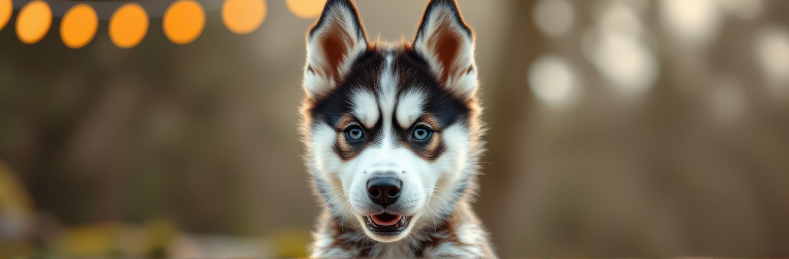 Cute husky puppy with striking blue eyes enjoys a sunny day surrounded by warm lights